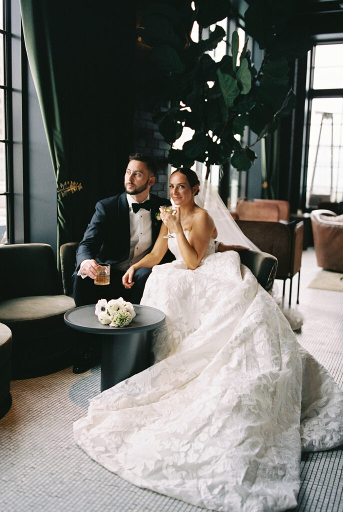 Bride and Groom in rooftop bar at Book Tower Detroit