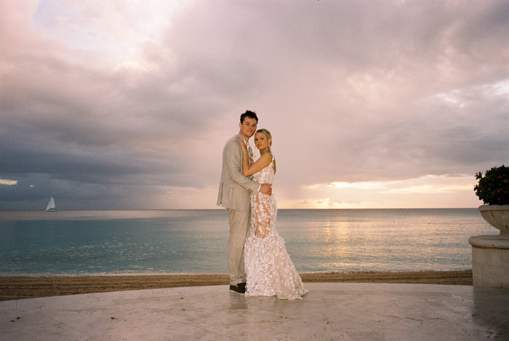 Bride and groom at sunset in Barbados